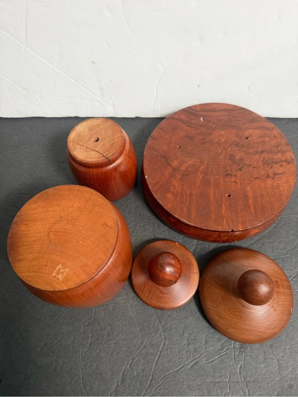 Set of Two Turned Wooden Canisters with Lids - Rich Brown